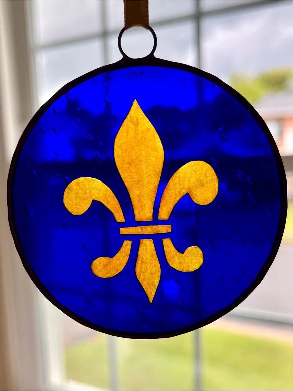 Blue and Gold Fleur-de-Lis Glass Suncatcher Ornament